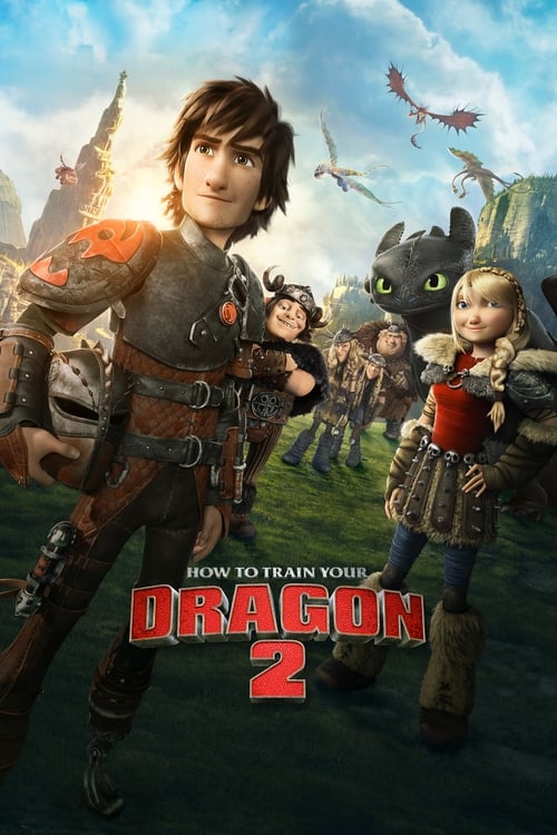 The poster features a dynamic scene with a young boy in a leather outfit leading a group of children and dragons. The vibrant colors of the sky, foliage, and characters create an adventurous and energetic mood. The title "How to Train Your Dragon 2" is prominently displayed in bold red letters, e...