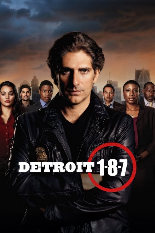 The poster features a central figure in a leather jacket with a determined expression, surrounded by a group of characters in a dimly lit urban setting. The warm sunset glow contrasts with the cool tones of the city skyline, creating a dramatic and intense atmosphere. The bold title "Detroit 1-8-...