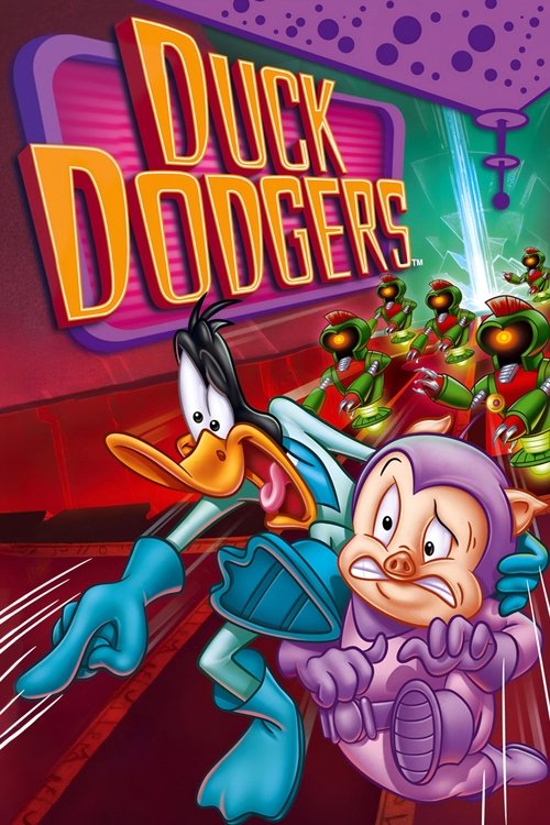 The poster features Duck Dodgers and a young Dodger in a dynamic pose, with vibrant neon colors and a playful, energetic mood. The background hints at a futuristic setting, emphasizing the show's space exploration theme.