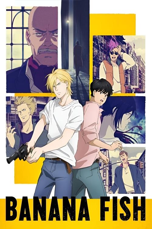 The poster features a dynamic collage of characters in vibrant colors against a yellow background. The mood is energetic and adventurous, with expressions ranging from serious to playful. The bold text "BANANA FISH" anchors the composition, emphasizing the show's lively and engaging tone.