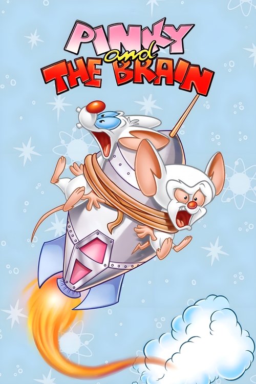 The poster features Pinky and the Brain soaring through a snowy sky, with Pinky as the pilot and Brain as the pilot's companion. Pinky wears a red hat and holds a rocket, while Brain flies beside him in a white suit. The scene captures a whimsical adventure with bright colors and a playful, adven...