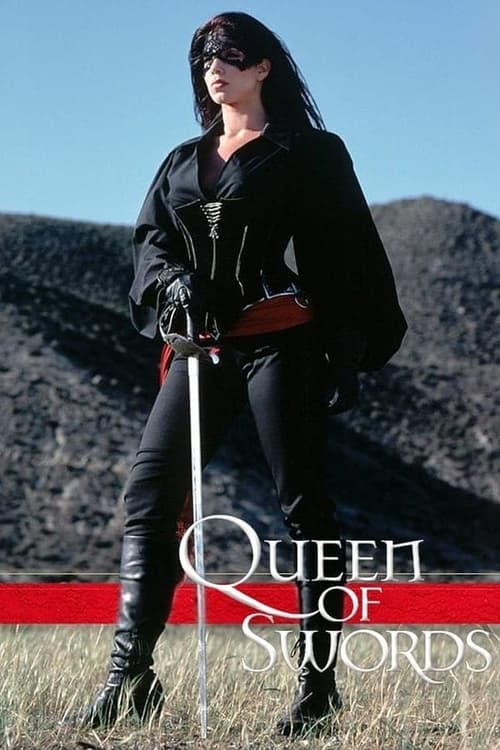 A woman in black stands confidently against a rugged, mountainous backdrop, holding a sword. The poster features bold red and white text, evoking a dramatic, action-packed atmosphere.
