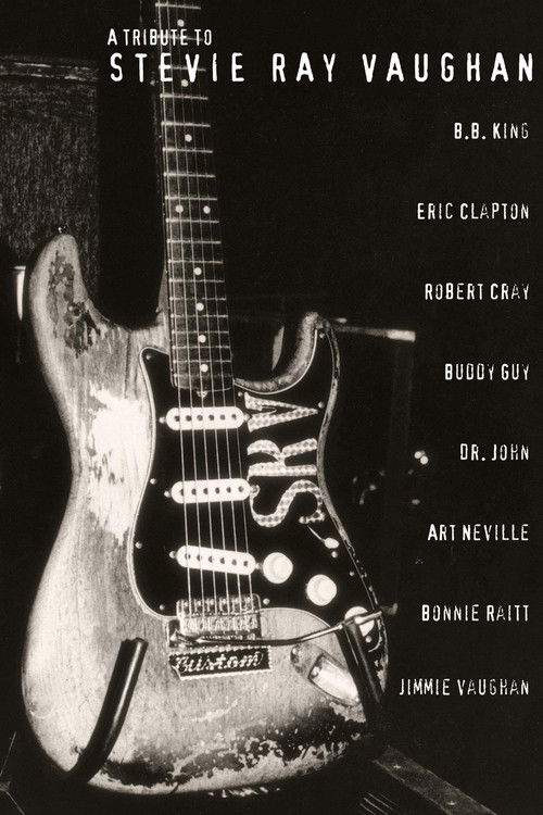 The poster features a striking black-and-white photograph of a vintage electric guitar, evoking a sense of nostalgia and musical heritage. The text lists names like Stevie Ray Vaughan, Eric Clapton, and Bob Dylan, suggesting a tribute to influential musicians. The dark background and monochromati...