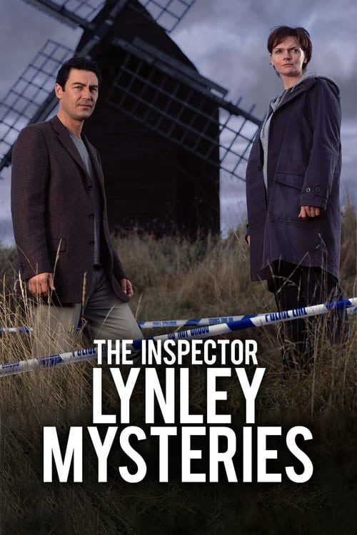 The poster features two men standing in a grassy field with a windmill in the background, evoking a mysterious and slightly eerie atmosphere. The muted earthy tones and shadowy backdrop create a suspenseful mood, hinting at the supernatural or crime-solving themes of the series.