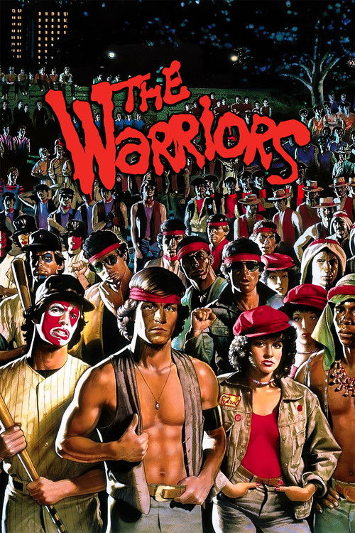 This vibrant poster features a dynamic scene with a diverse group of men in colorful, eclectic outfits against a night sky backdrop. The bold red title "THE WARRIORS" dominates the top, while the characters exude a rebellious, energetic mood.