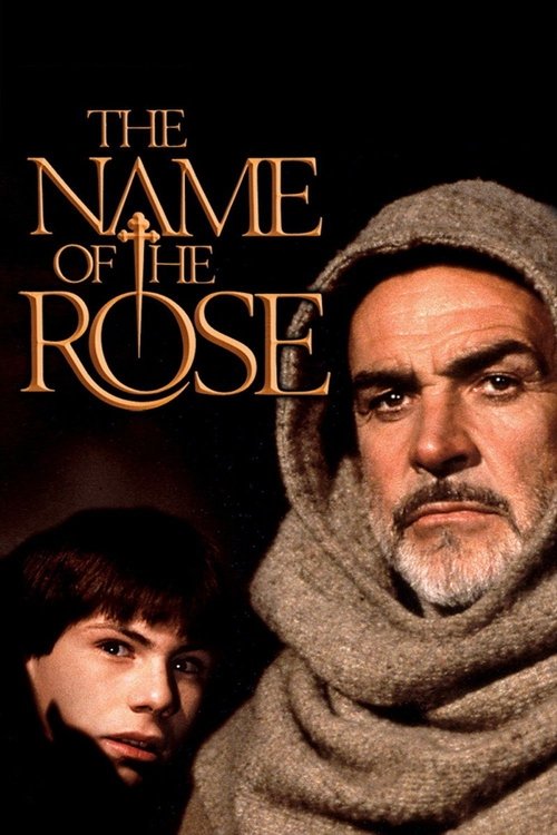 The poster features a somber, sepia-toned image of a man with a beard and scarf, exuding mystery, alongside a young boy in the background. The title "The Name of the Rose" is elegantly displayed in gold lettering against a dark backdrop, evoking a sense of intrigue and historical drama.