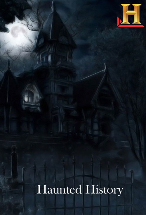 The poster features a dark, eerie house with a ghostly figure in the background, evoking a spooky atmosphere. The color palette is dominated by deep blues and blacks, enhancing the mysterious and unsettling mood. The title "Haunted History" is prominently displayed at the bottom, suggesting a his...