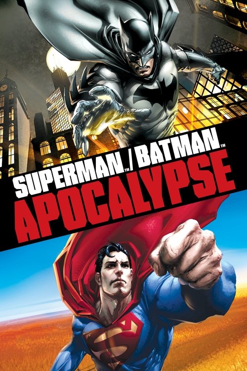The poster features Superman in a heroic pose against a backdrop of towering skyscrapers, while Batman looms above in a dramatic, shadowy figure. The vibrant red cape and blue suit contrast sharply with the fiery orange sky, creating an intense and epic atmosphere. The bold red title "APOLCALYPSE...