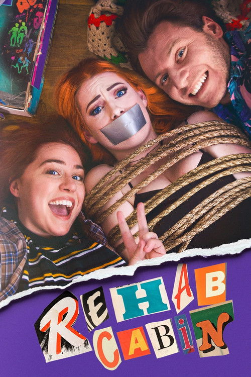 The poster features three children laughing joyfully, with one child's face painted with a gag. The title "Rehab Cabin" is prominently displayed in colorful, playful lettering against a purple background. The overall mood is lighthearted and fun, capturing the essence of a fun escape experience.