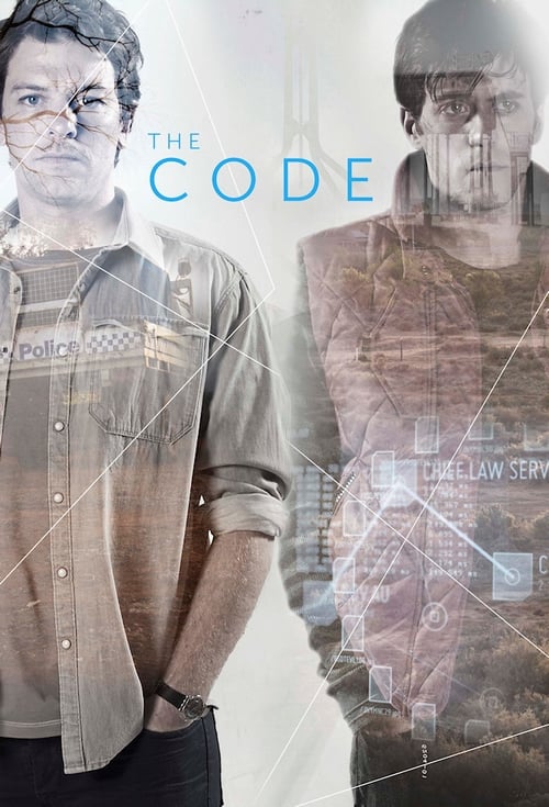 The poster features two men in a somber, atmospheric setting. One man stands confidently in the foreground, while the other appears ghostly in the background, both wearing muted tones. The overall mood is mysterious and tense, with subtle digital overlays suggesting a cyberpunk or thriller genre.