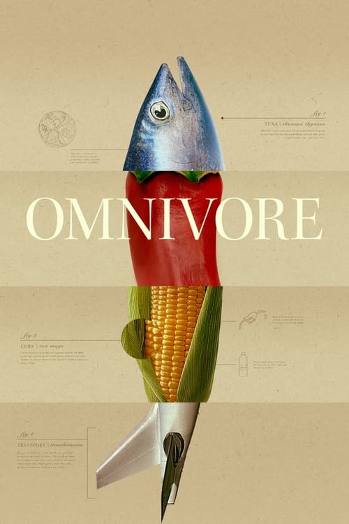 The poster features a whimsical, anthropomorphic fish with a colorful, layered design, blending red, green, and yellow. The word "OMNIVORE" is prominently displayed in bold, white letters. The background has a soft, vintage aesthetic with faint botanical sketches, suggesting a blend of science fi...