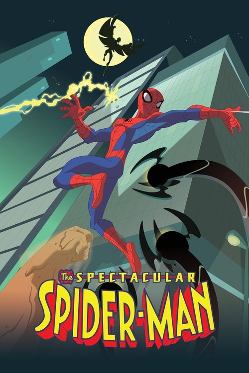 The Spectacular Spider-Man poster features a dynamic Spider-Man in mid-action against a dark, atmospheric background. Vibrant colors like red, blue, and yellow dominate the composition, while a glowing moon and lightning add to the supernatural energy. The dramatic lighting and bold typography ev...
