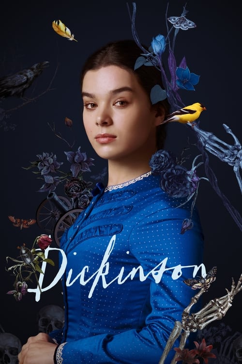 The poster features a woman in a blue dress against a dark background, surrounded by ethereal butterflies and flowers. The mood is mysterious and dreamlike, with the name "Dickinson" elegantly written in white script.