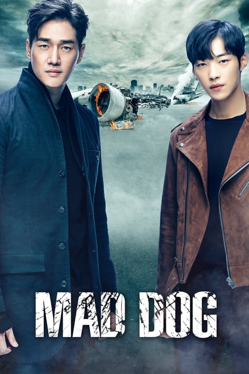 The poster features two young men in contrasting outfits against a moody, overcast sky. The man on the left wears a dark jacket, while the man on the right dons a brown leather jacket. The title "MAD DOG" is prominently displayed at the bottom in bold, distressed white letters. The overall atmosp...