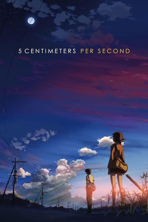 The poster features a young girl and boy standing against a vibrant purple sky, illuminated by a bright moon. The mood is dreamy and nostalgic, evoking a sense of wonder and childhood innocence. The title "5 Centimeters per Second" hints at a story about time and memory.
