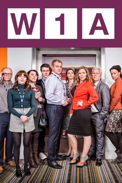 The poster features a diverse group of people in professional attire, standing confidently against a backdrop of warm orange and purple tones. The mood is energetic and approachable, suggesting a lively workplace or community setting. The bold "W1A" text at the top hints at a unique brand or seri...