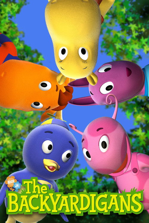 The Backyardigans poster features five colorful cartoon characters—yellow, orange, purple, blue, and pink—hanging from a tree branch against a bright blue sky. Their cheerful expressions and vibrant hues create a playful, lively mood that captures the fun and creativity of the show.
