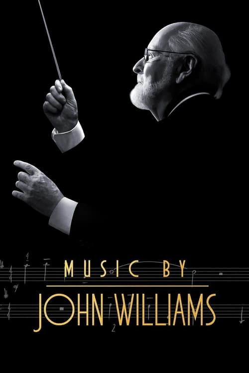 The poster features a black-and-white image of a conductor in a suit, holding a baton and gesturing with his left hand. The background is dark, emphasizing the subject. Musical notation lines are visible at the bottom, reinforcing the musical theme. The title "Music by John Williams" is elegantly...