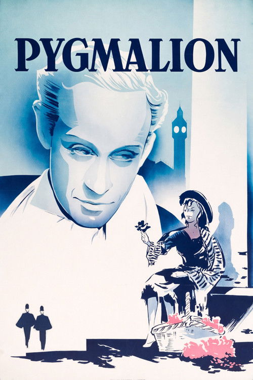 The poster features a dramatic, monochromatic design with a large, serene portrait of a man in the foreground. To his right, a woman in period clothing appears to be in distress, while two silhouetted figures stand in the background. The color palette is dominated by cool blues and whites, creati...