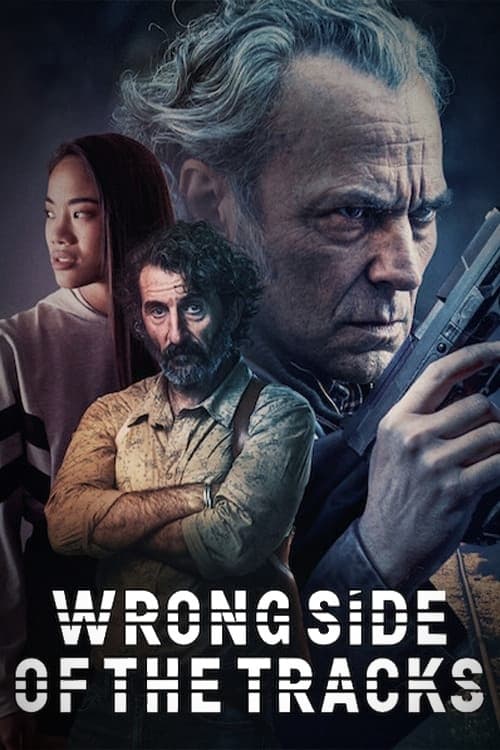 The poster features three characters against a dark, moody background. A rugged man in the foreground holds a gun, exuding intensity. A woman with long hair gazes forward, while another man stands behind her. The color palette is dark with muted tones, creating a suspenseful atmosphere. The title...