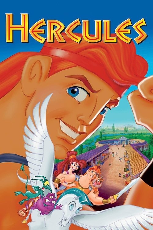 This vibrant poster features a large Hercules with red hair and a confident smile, surrounded by smaller characters like Minerva and Hercules himself. The background showcases a serene landscape with rolling hills and a clear blue sky, evoking a sense of adventure and heroism. The warm colors and...