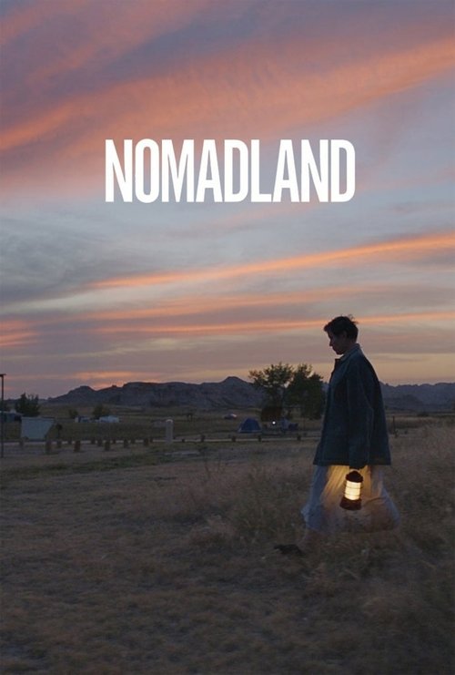 A lone figure walks through a golden field at sunset, carrying a lantern that casts warm light on the landscape. The sky is painted with hues of pink, orange, and purple, evoking a sense of peace and nostalgia. The title "NOMADLAND" floats prominently above, anchoring the serene and timeless mood...
