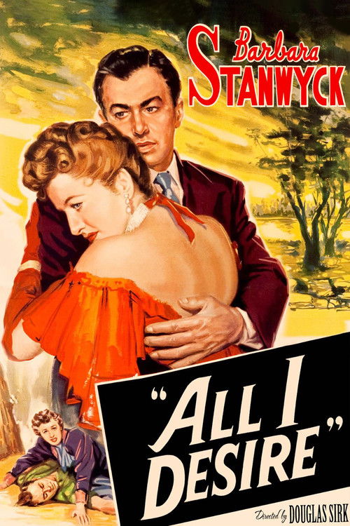 The poster features a romantic scene with a man in a maroon suit embracing a woman in an orange dress, set against a warm, sunlit backdrop. The title "All I Desire" is prominently displayed in bold, stylized letters, evoking a sense of passion and longing.