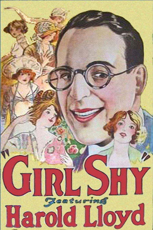 The poster features a large, smiling man with glasses in the center, surrounded by smaller illustrations of women in colorful dresses. The background is filled with warm yellow and pink hues, creating a cheerful and inviting atmosphere. The title "Girl Shy" is prominently displayed in bold red le...
