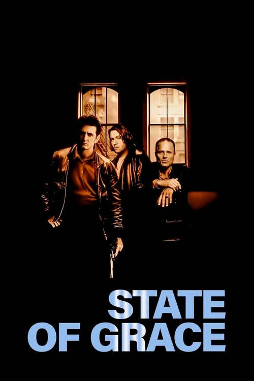 The poster features four characters in a dimly lit room with warm, golden light streaming through windows. The dark background contrasts with the glowing figures, creating an eerie and suspenseful mood. The title "State of Grace" is prominently displayed at the bottom in bold, blue letters.