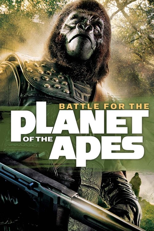 The poster features a menacing ape in tactical gear, holding a rifle, set against a backdrop of lush greenery and a distant figure. The bold white text "Battle for the Planet of the Apes" dominates the center, creating a gritty, action-packed atmosphere.