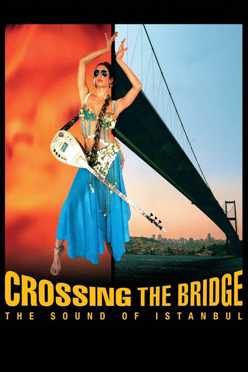 The poster features a woman in a vibrant blue dress against a dramatic sunset, symbolizing Istanbul's iconic bridge. The warm orange hues evoke a sense of nostalgia and romance, while the woman's confident pose and expressive sunglasses suggest a lively, spirited atmosphere. This visual compositi...