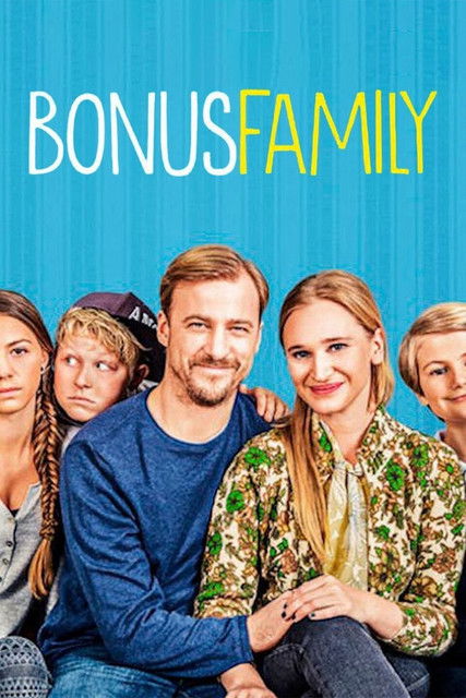 The poster features six characters in casual poses against a vibrant blue background, creating a lively and approachable atmosphere. The warm tones of the characters' clothing contrast with the cool blue backdrop, suggesting a family dynamic that is both relatable and engaging.