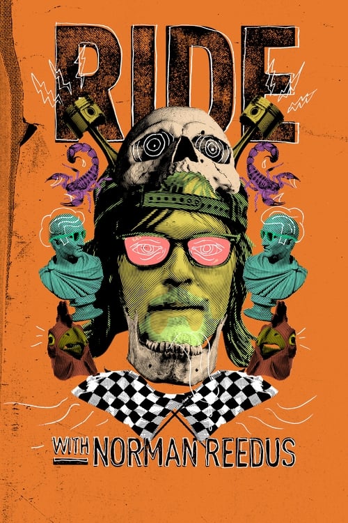 This poster features Norman Reedus as a zombie with pink sunglasses, surrounded by surreal characters in teal and purple. The checkered scarf adds a racing theme, set against an orange background. The mood is quirky and humorous, blending horror with comedy.