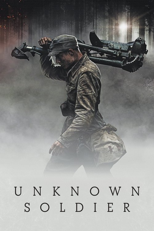 The poster features a determined soldier in a rugged, earthy-toned uniform carrying a large rifle over his shoulder, set against a moody, misty backdrop with a distant city skyline. The muted colors and dramatic lighting evoke a sense of tension and historical drama, capturing the gritty spirit o...