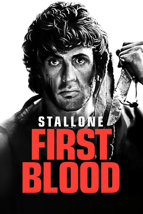 This movie poster features a gritty, intense portrait of a man with a serious expression, set against a stark black background. The bold red text "FIRST BLOOD" dominates the lower portion, evoking a sense of urgency and danger. The overall mood is one of suspense and action, capturing the essence...