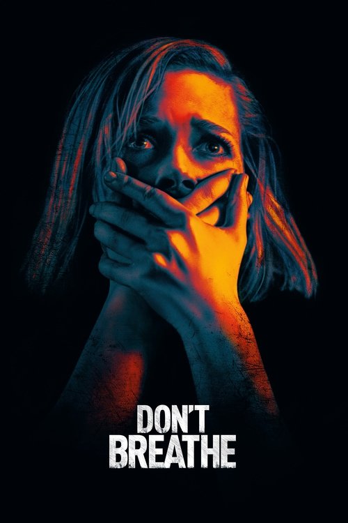 The poster features a hauntingly beautiful woman with long hair, her face illuminated by warm orange light against a dark background. Her hand covers her mouth, creating an eerie expression. The title "DON'T BREATHE" is prominently displayed in bold white text at the bottom. The overall mood is s...