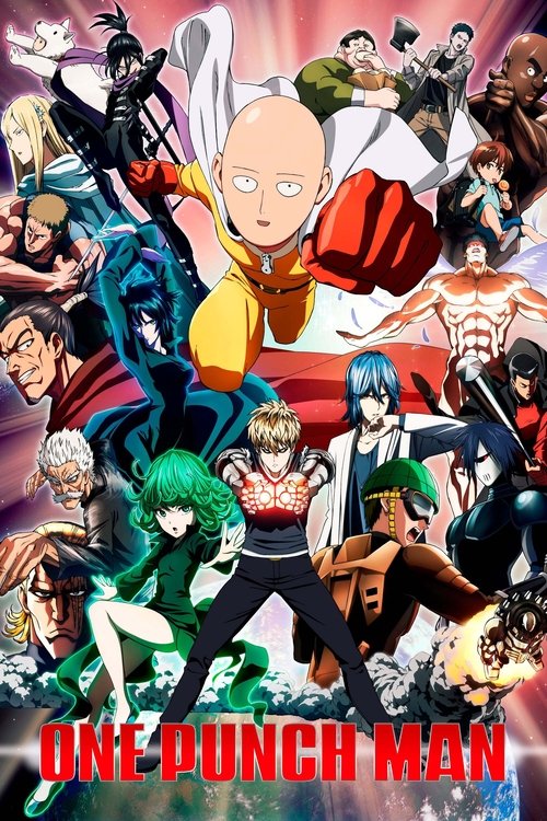 A vibrant collage of One-Punch Man characters fills the frame, each with unique colors and dynamic poses. The energetic, colorful background and central action create a lively and exciting atmosphere, capturing the essence of the series' action-packed narrative.