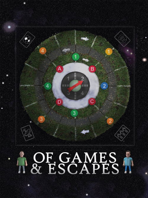 The poster features a central clock face surrounded by colorful game icons against a starry space backdrop. Two figures stand at the bottom, one in green and one in blue, suggesting adventure and exploration. The overall mood is mysterious yet inviting, hinting at a journey through various game w...