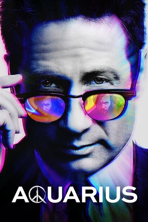 The poster features a close-up of a man with a mysterious, slightly melancholic expression, wearing stylish glasses that reflect vibrant, rainbow-colored hues. The cool, moody lighting enhances the dramatic atmosphere, while the bold, futuristic typography "AQUARIUS" anchors the image, suggesting...