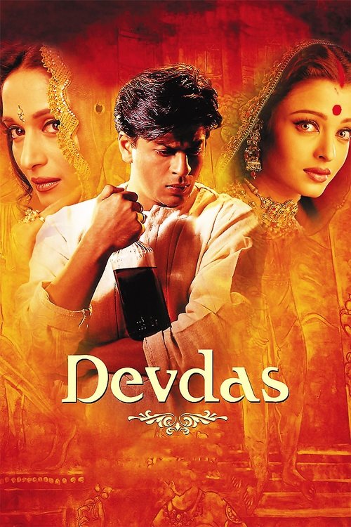 The poster features a dramatic scene with three characters—two women and a man in traditional attire—against a fiery, golden background. The warm, intense colors evoke a sense of passion and romance, while the title "Devdas" is elegantly displayed in white text.