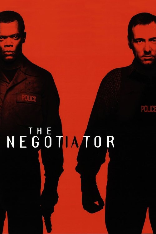 The poster features two men in dark police uniforms against a vivid red background, exuding a serious and tense mood. The title "The Negotiator" is prominently displayed in bold white letters, emphasizing the film's theme of legal maneuvering.