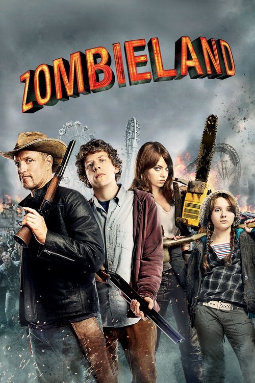 The poster features four characters in a gritty, zombie-themed setting. The warm orange title contrasts with the dark, stormy background. The characters exude a mix of determination and caution, with their expressions hinting at an adventurous journey.