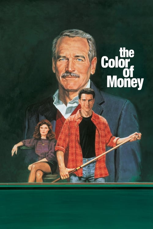 The poster features a large man with a mustache and a smaller man in a red shirt holding a cane, set against a dark green background. The title "The Color of Money" is prominently displayed in white text. The overall mood is mysterious and intriguing, suggesting themes of wealth and intrigue.