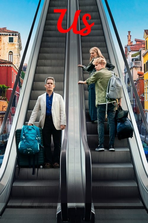 The poster features a group of three travelers on an escalator, with the iconic "US" logo prominently displayed. The warm tones of the buildings and the vibrant colors of the characters create a nostalgic, heartwarming atmosphere.