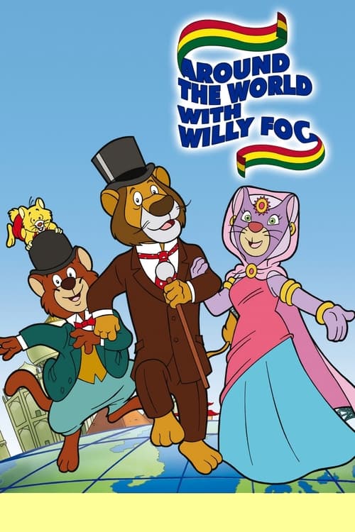This vibrant poster features three animated characters: a man in a top hat and bow tie, a girl in a pink dress, and a boy in a green outfit. The rainbow-colored title text adds a playful touch, while the cheerful expressions convey a fun, adventurous mood.