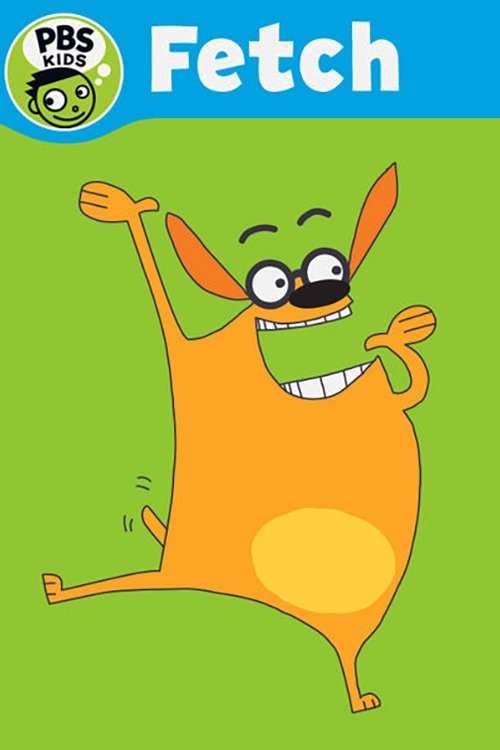 The vibrant green background features a cheerful orange monster with a wide grin, arms raised in excitement. The blue header displays the title "Fetch!" in bold white letters, accompanied by the PBS Kids logo. The playful mood is conveyed through the monster's animated pose and bright colors, inv...