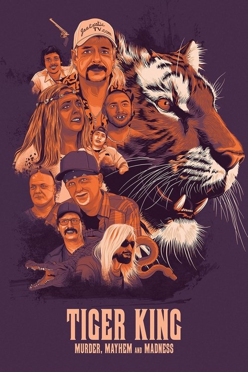 This poster features a dramatic, dark purple background with a fierce tiger in the foreground, symbolizing power and dominance. Surrounding the tiger are diverse characters in various poses, suggesting a mix of strength and resilience. The bold text at the bottom reads "TIGER KING" with credits b...