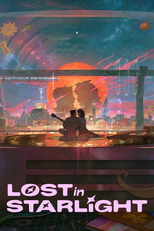 The poster features silhouettes of two people sitting on a reflective surface, gazing out at a vibrant, dreamlike cityscape bathed in warm hues of orange and pink. Above them, a large, glowing moon dominates the sky, surrounded by swirling cosmic patterns that evoke a sense of wonder and nostalgi...