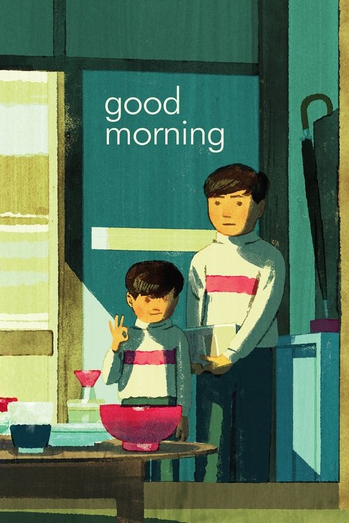 The poster features two characters in a cozy, warmly lit room with soft blues and warm yellows. The mood is cheerful and inviting, suggesting a friendly family gathering.