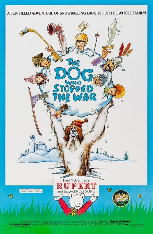 The poster features a whimsical scene with a large dog tree surrounded by diverse characters, including soldiers, civilians, and animals. Vibrant colors like reds, blues, and yellows create a cheerful atmosphere, while the playful font and cartoonish style evoke a sense of fun and adventure.